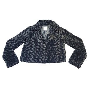 Candie's Faux Fur Cropped Jacket Small Black Beaded Bow Y2K Holiday Party Bolero